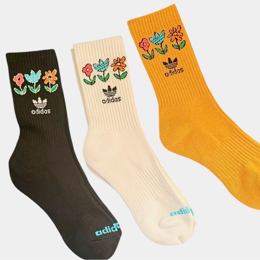 Adidas Originals Floral Crew Socks 3 Pack Women’s M Yellow Black White - NEW - Picture 1 of 12